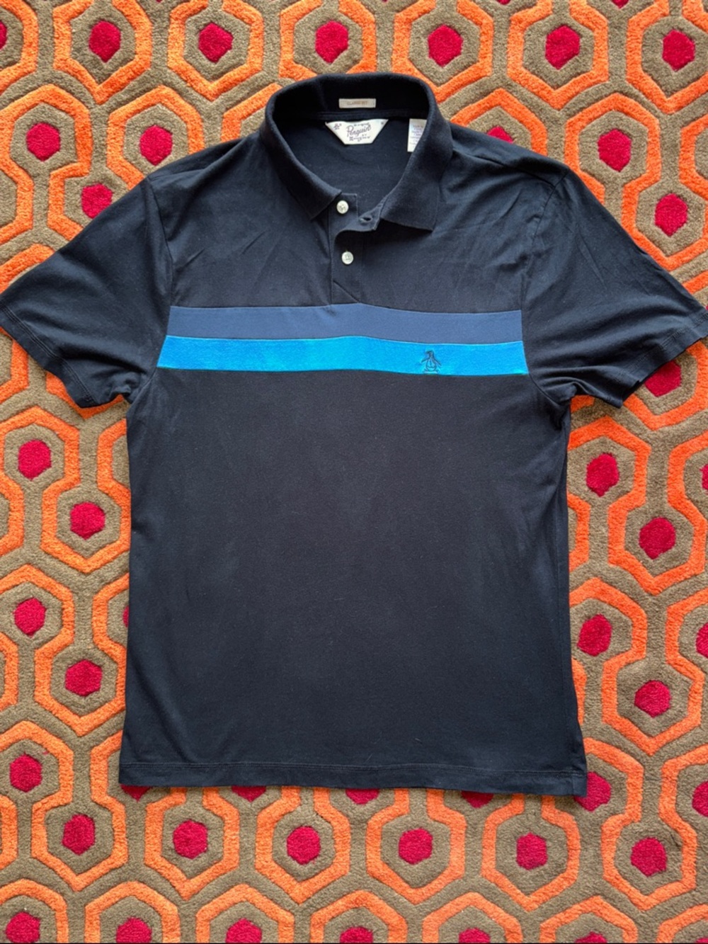 MAKE OFFER! Original Penguin Navy Polo with Blue Chest Bands Shirt Men's Med
